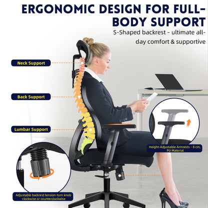 Buerostuhl Ergonomisch Schwarz – Netz Drehstuhl mit Verstellbarer Lendenstuetze & Kopfstuetze bis 150kg