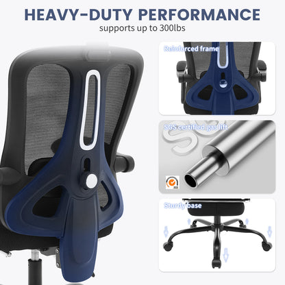 Buerostuhl Ergonomisch Schwarz – Netz Drehstuhl mit Fussstütze, 3D Kopfstütze & Klappbaren Armlehnen bis 150kg