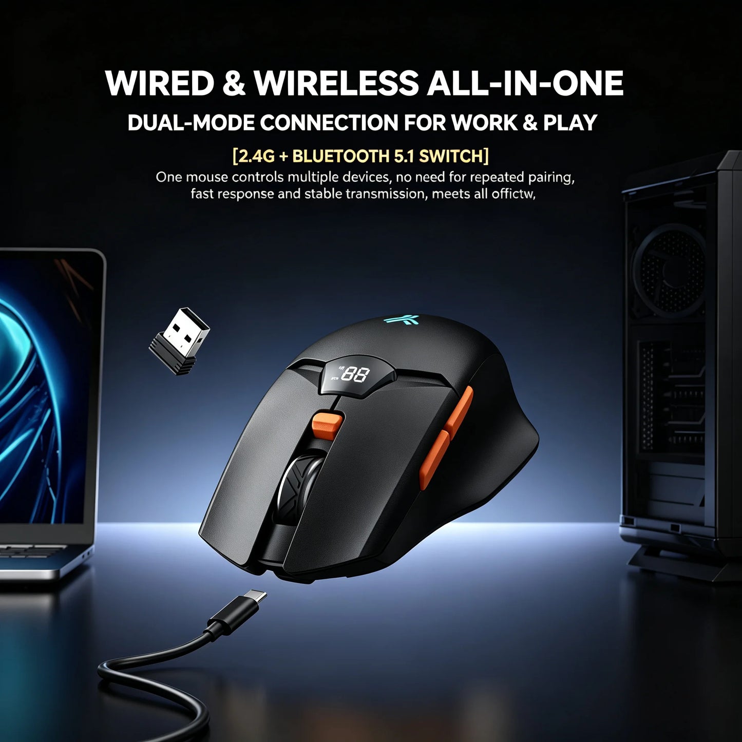 Ergonomische Funkmaus Kabellos – Leise Bluetooth & 2.4GHz PC Maus mit LED Akkuanzeige & 6400 DPI