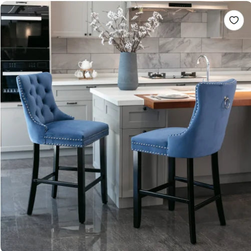 Moderne Samt Barhocker 2er Set mit Nietendekor – Elegante Tresenstühle aus Massivholz