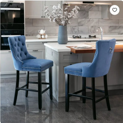 Moderne Samt Barhocker 2er Set mit Nietendekor – Elegante Tresenstühle aus Massivholz