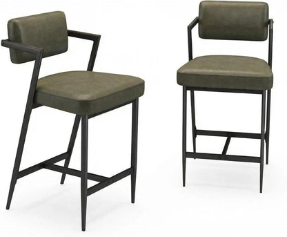 Barhocker 2er Set Salbeigrün mit Armlehne & Rückenlehne – Moderne Kunstleder Tresenstühle 68cm