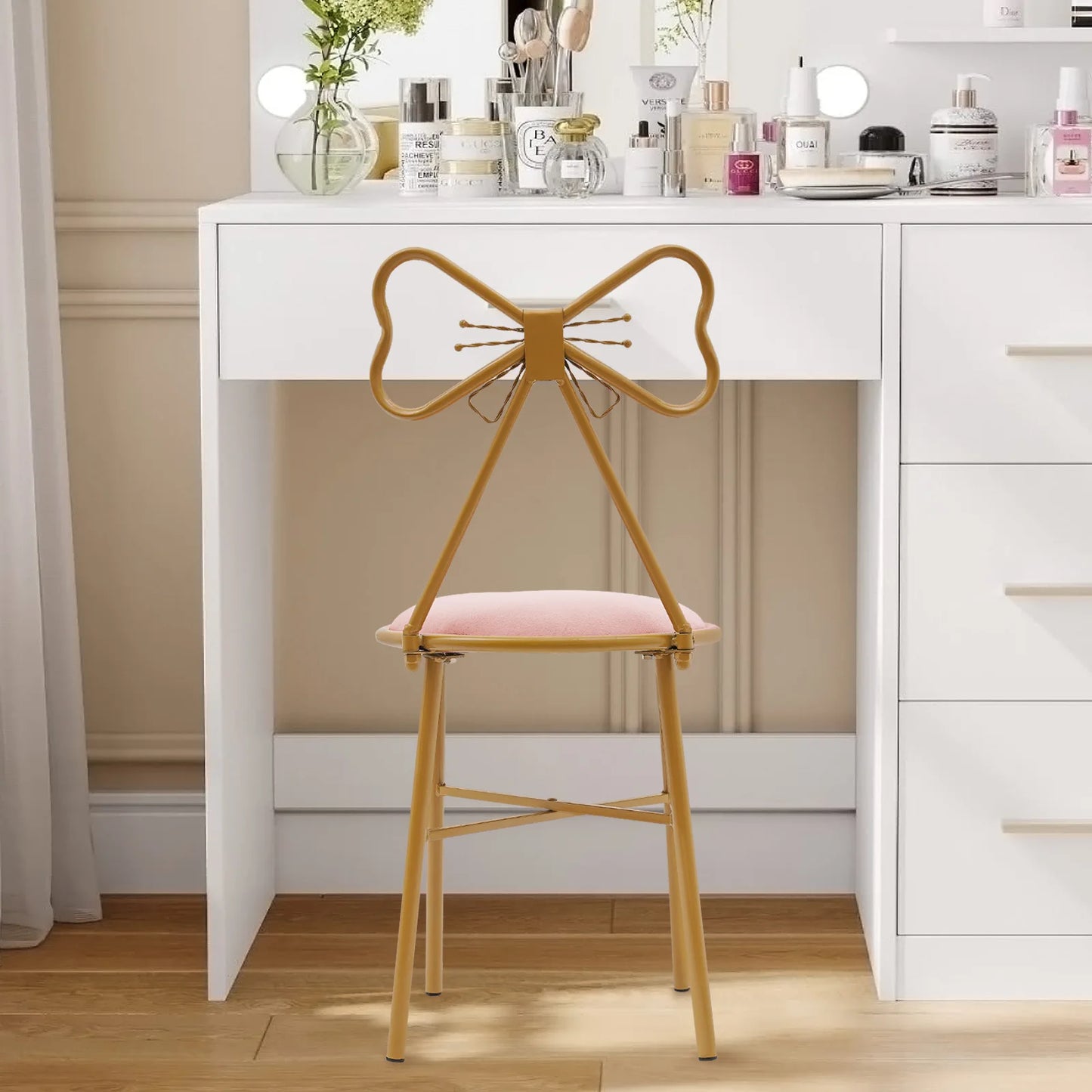 Schminktisch Stuhl Rosa mit Schmetterling Rückenlehne – Moderner Samt Kosmetikstuhl Gold