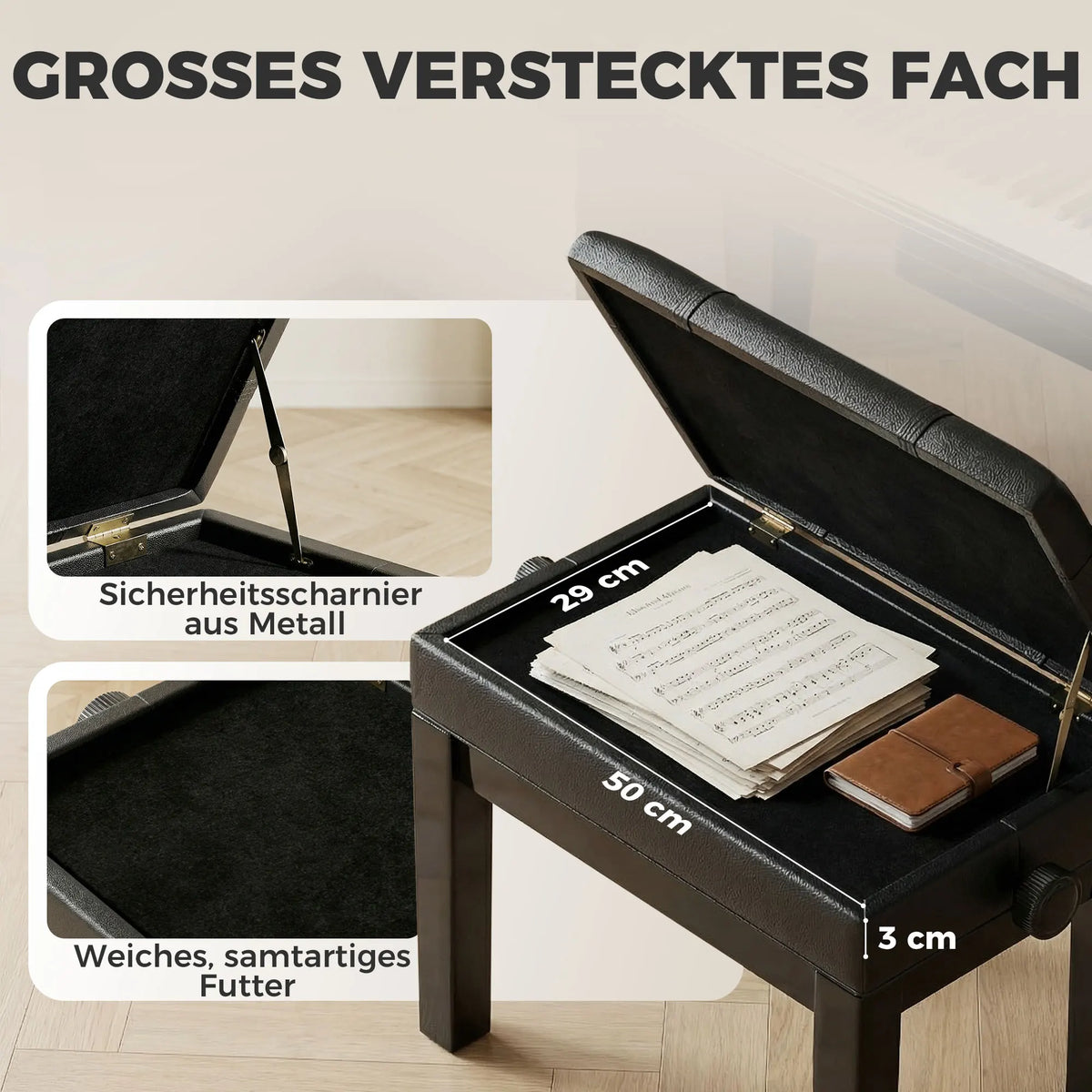 Ergonomische Klavierbank Höhenverstellbar mit Stauraum – Klavierhocker aus Holz mit Kunstleder