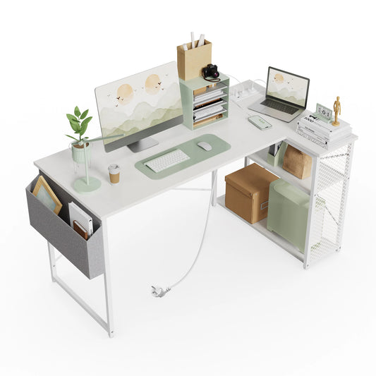 L-förmiger Eckschreibtisch 120 cm Holzoptik – Platzsparender Computertisch mit Steckdosen & Regalen