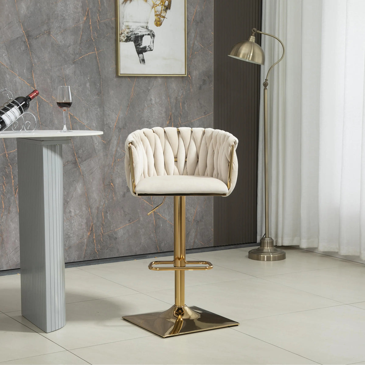 Moderne Barhocker 2er Set mit Armlehnen Höhenverstellbar – Drehbarer Polsterstuhl mit Gold-Beinen