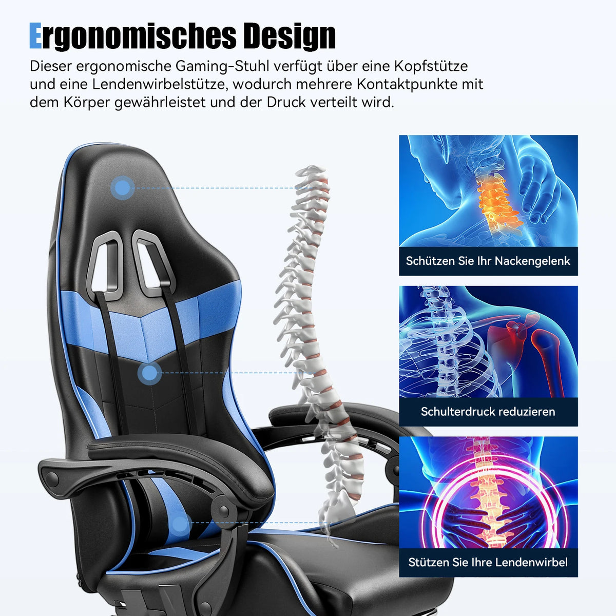 Gaming Stuhl Schwarz-Rot – Ergonomischer Gamer Stuhl mit Fussstütze, Lendenkissen & Kunstlederbezug bis 124cm