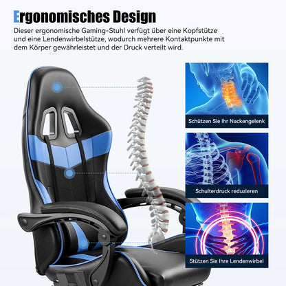 Gaming Stuhl Schwarz-Rot – Ergonomischer Gamer Stuhl mit Fussstütze, Lendenkissen & Kunstlederbezug bis 124cm