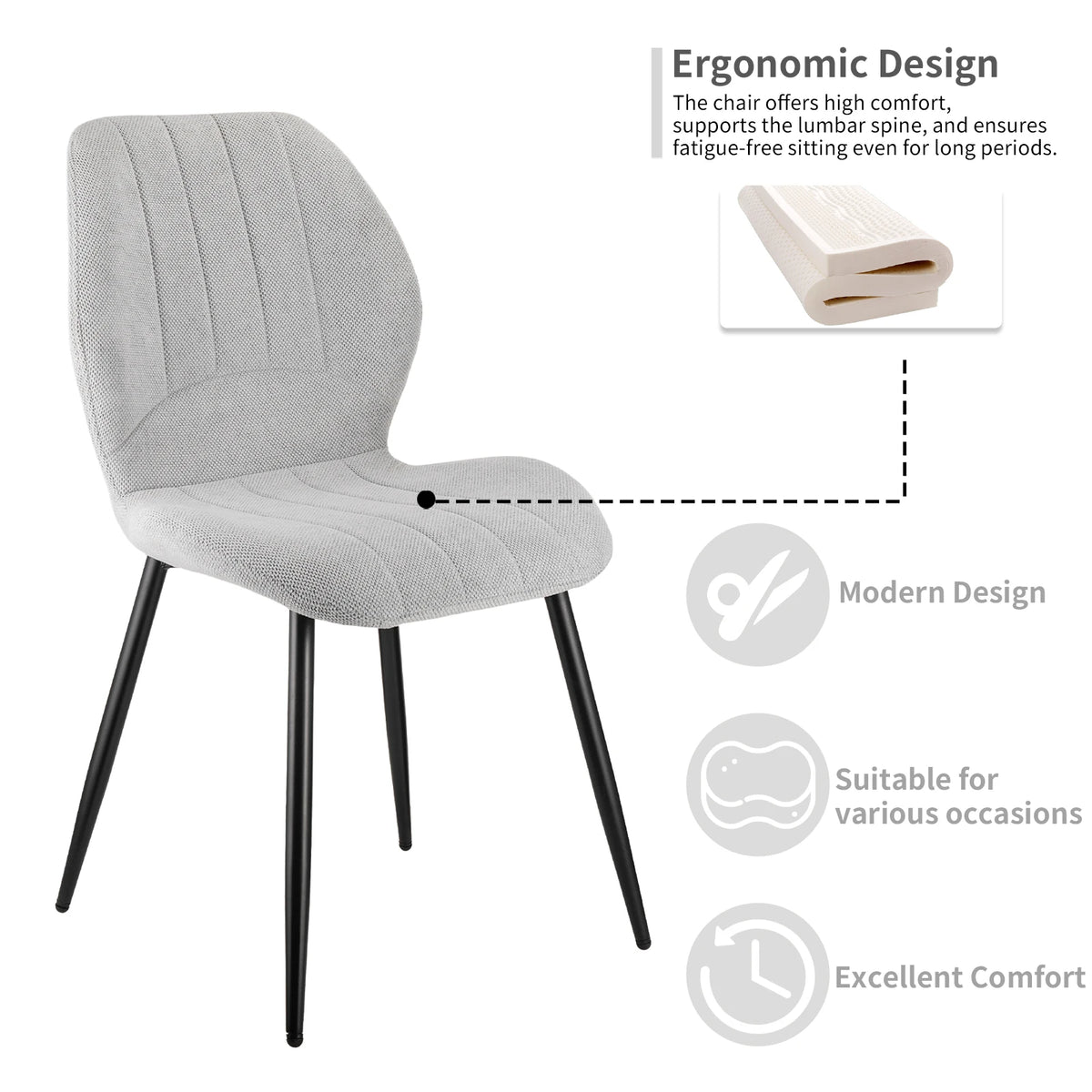 Esszimmerstuhl Set Grau – Modernes Polsterstuhl Set aus Stoff mit Ergonomischer Sitzschale & Metallbeinen