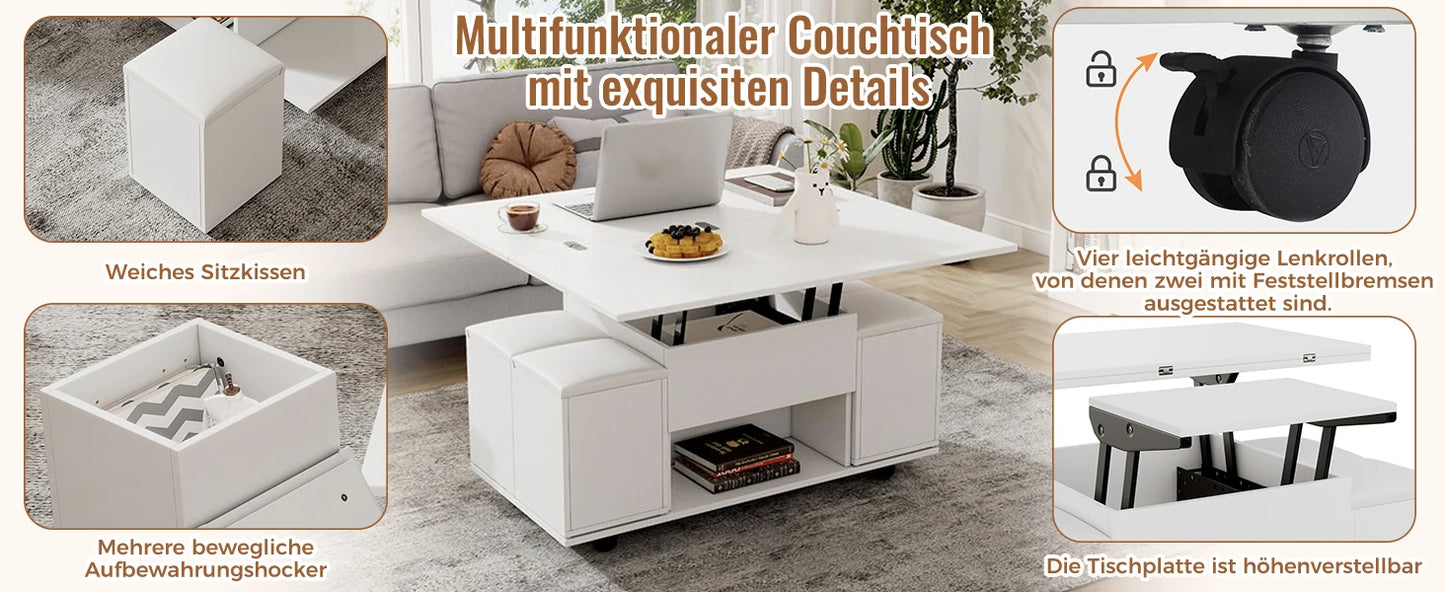 Couchtisch Höhenverstellbar & Ausziehbar – Multifunktionaler Esstisch mit 4 Hockern & Stauraum