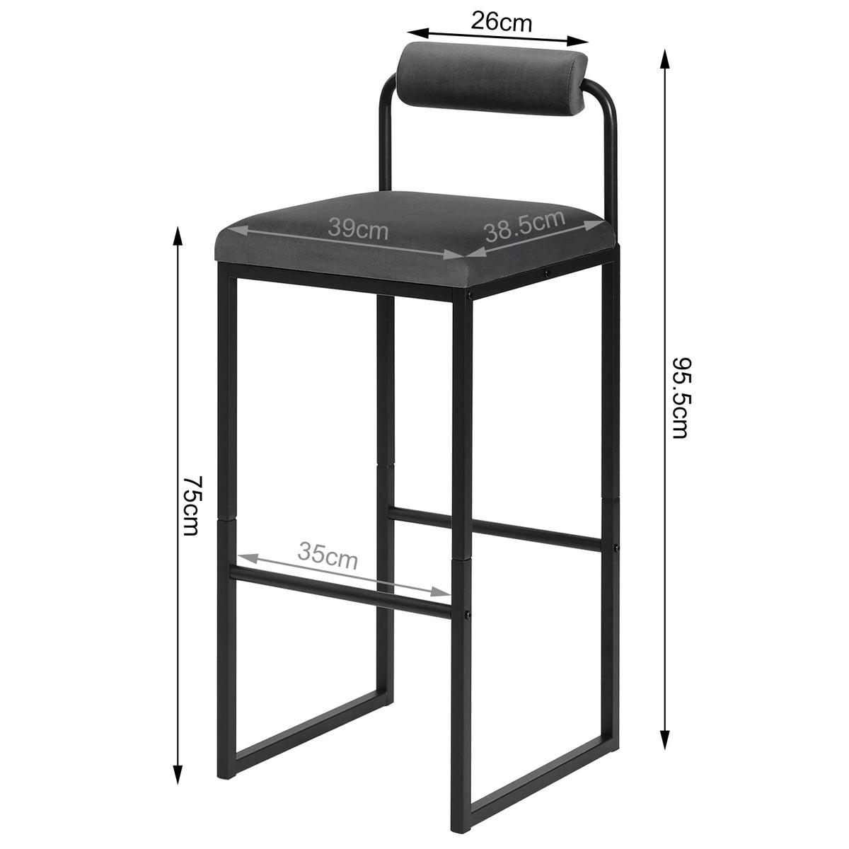 Barhocker 2er Set Samt Dunkelgrau – Ergonomische Tresenstühle 75cm Sitzhöhe mit Metallgestell