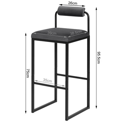 Barhocker 2er Set Samt Dunkelgrau – Ergonomische Tresenstühle 75cm Sitzhöhe mit Metallgestell