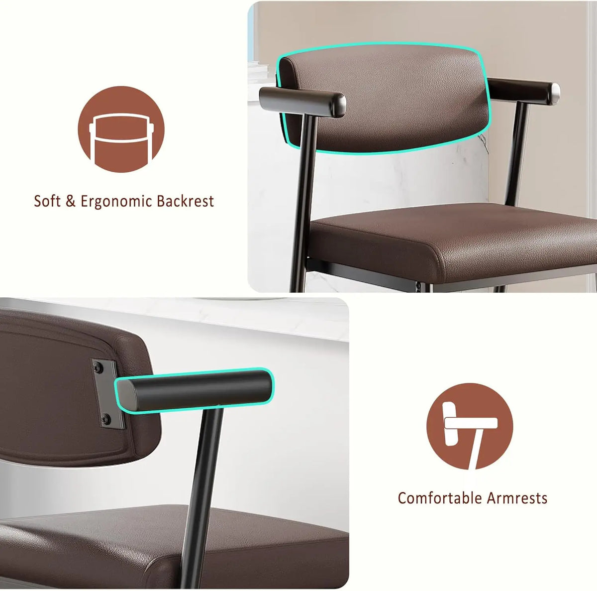 Barhocker 4er Set mit Armlehnen 66cm Braun – Moderne Tresenstühle mit Rückenlehne & Fußstütze