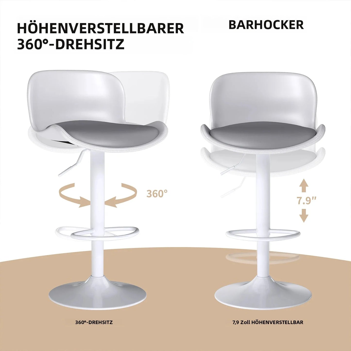Höhenverstellbarer Barhocker 2er Set Weiß – Drehbarer Tresenstuhl mit Schalenrücken & Metallgestell