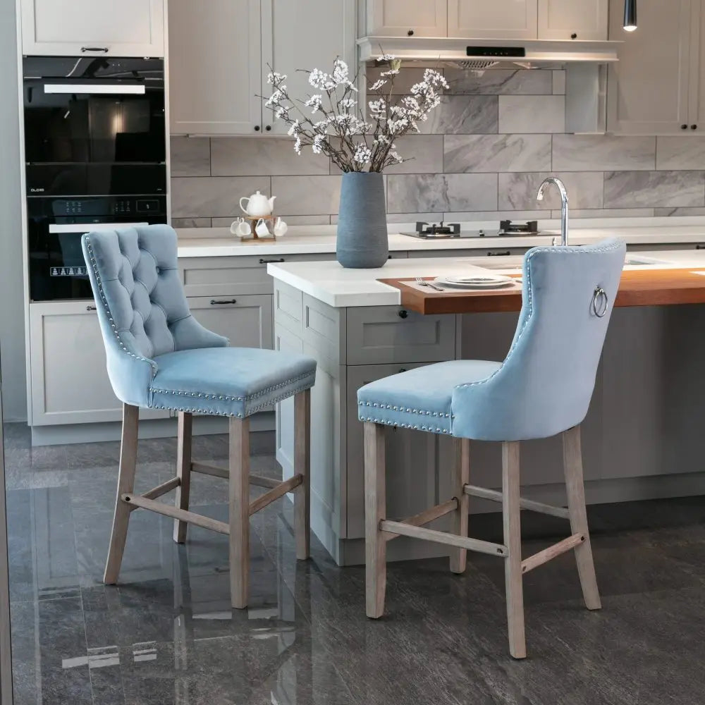 Moderne Samt Barhocker 2er Set mit Nietendekor – Elegante Tresenstühle aus Massivholz