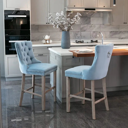 Moderne Samt Barhocker 2er Set mit Nietendekor – Elegante Tresenstühle aus Massivholz