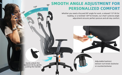 Buerostuhl Ergonomisch Schwarz – Netz Drehstuhl mit Verstellbarer Lendenstuetze & Kopfstuetze bis 150kg