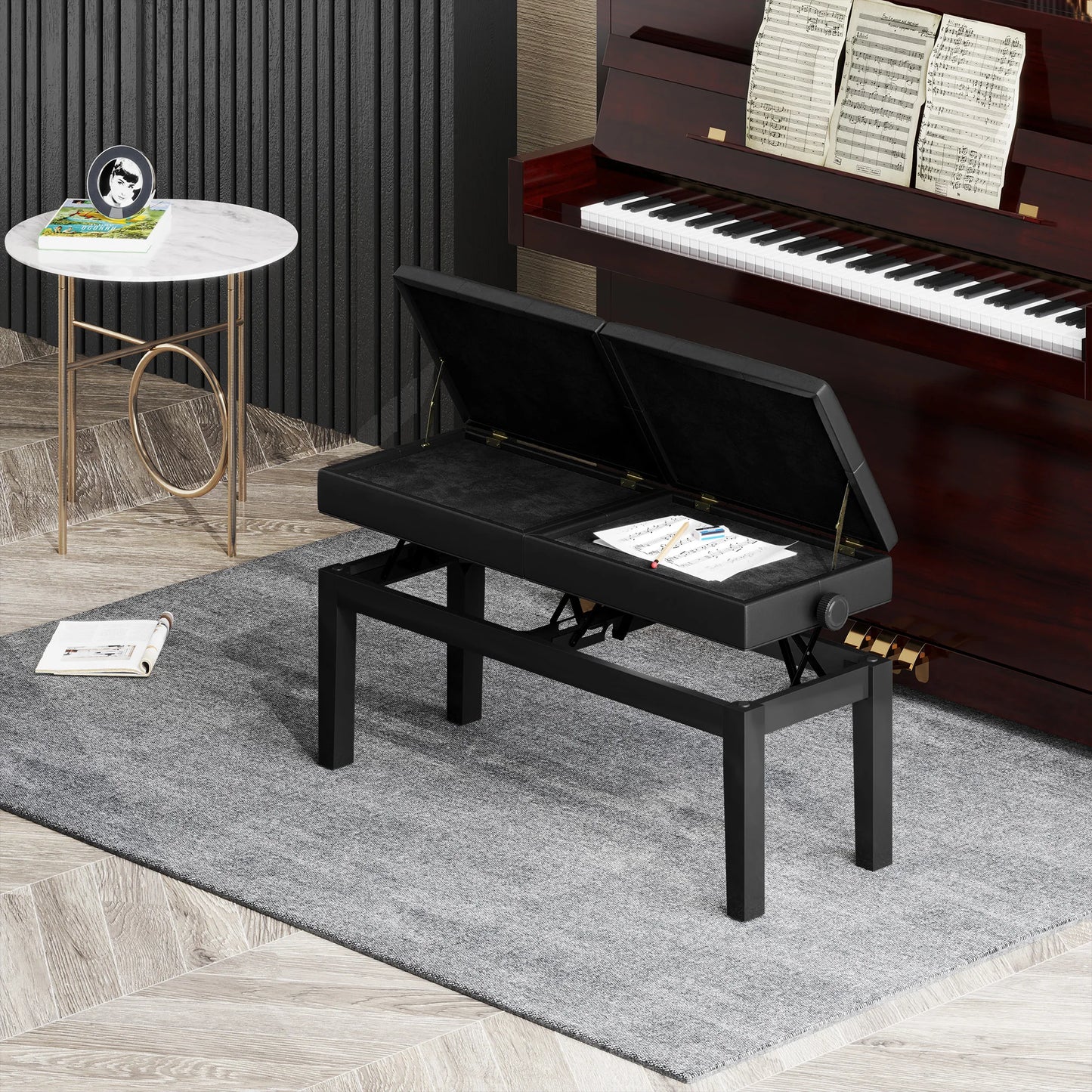 Doppel Klavierbank Höhenverstellbar mit Stauraum – Ergonomischer Pianohocker Schwarz 105cm