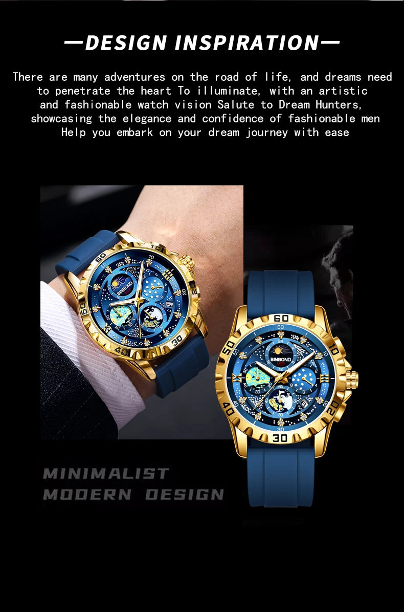 BINBOND Luxus Herrenuhr Blau – Wasserdichte Quarz Armbanduhr mit Chronograph & Datum