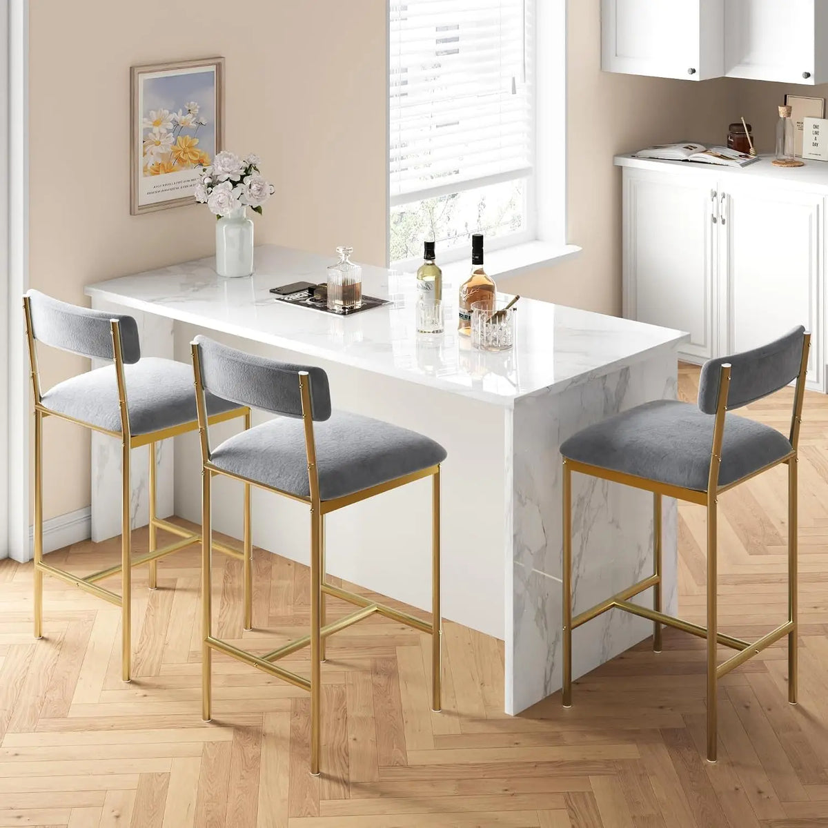 Moderne Rattan Barhocker 2er Set gepolstert – Küchenstuhl mit Fußstütze Metallgestell