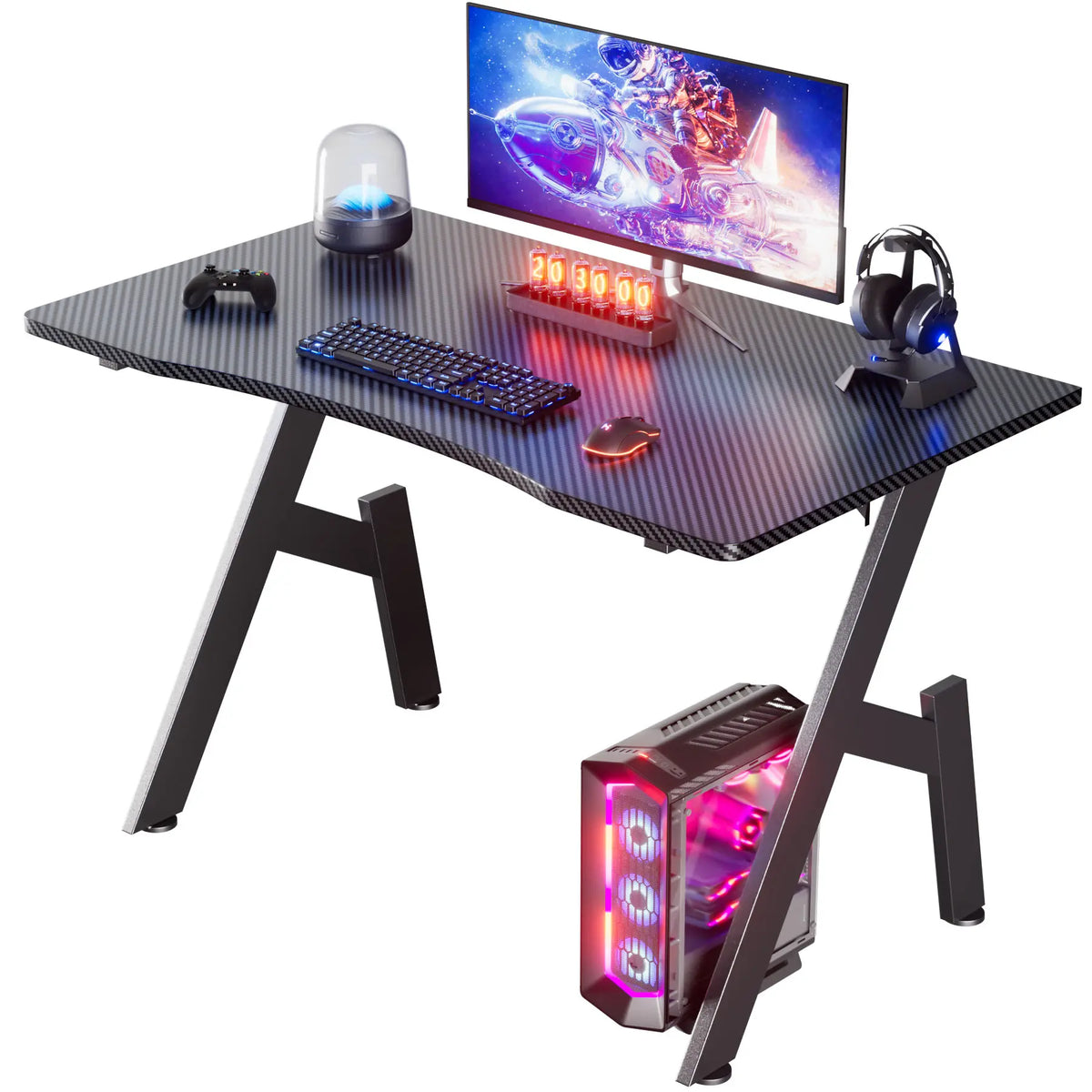 Gaming Schreibtisch Schwarz 120 cm – Ergonomischer PC Tisch mit Carbon-Optik & Haken