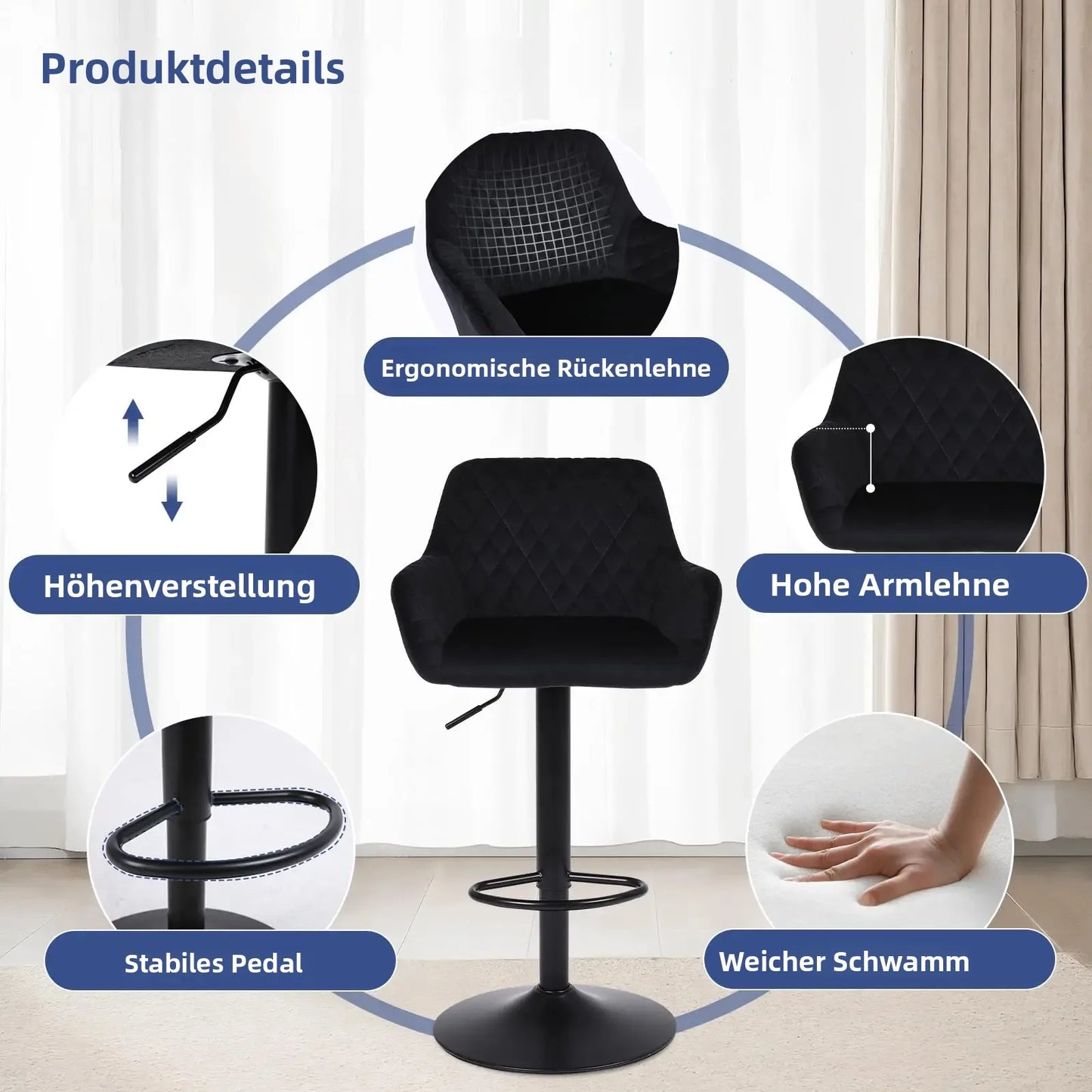 Barhocker 2er Set Schwarz – Hoehenverstellbare Tresenstuehle Drehbar aus Kunstleder fuer Kueche & Bar bis 150kg