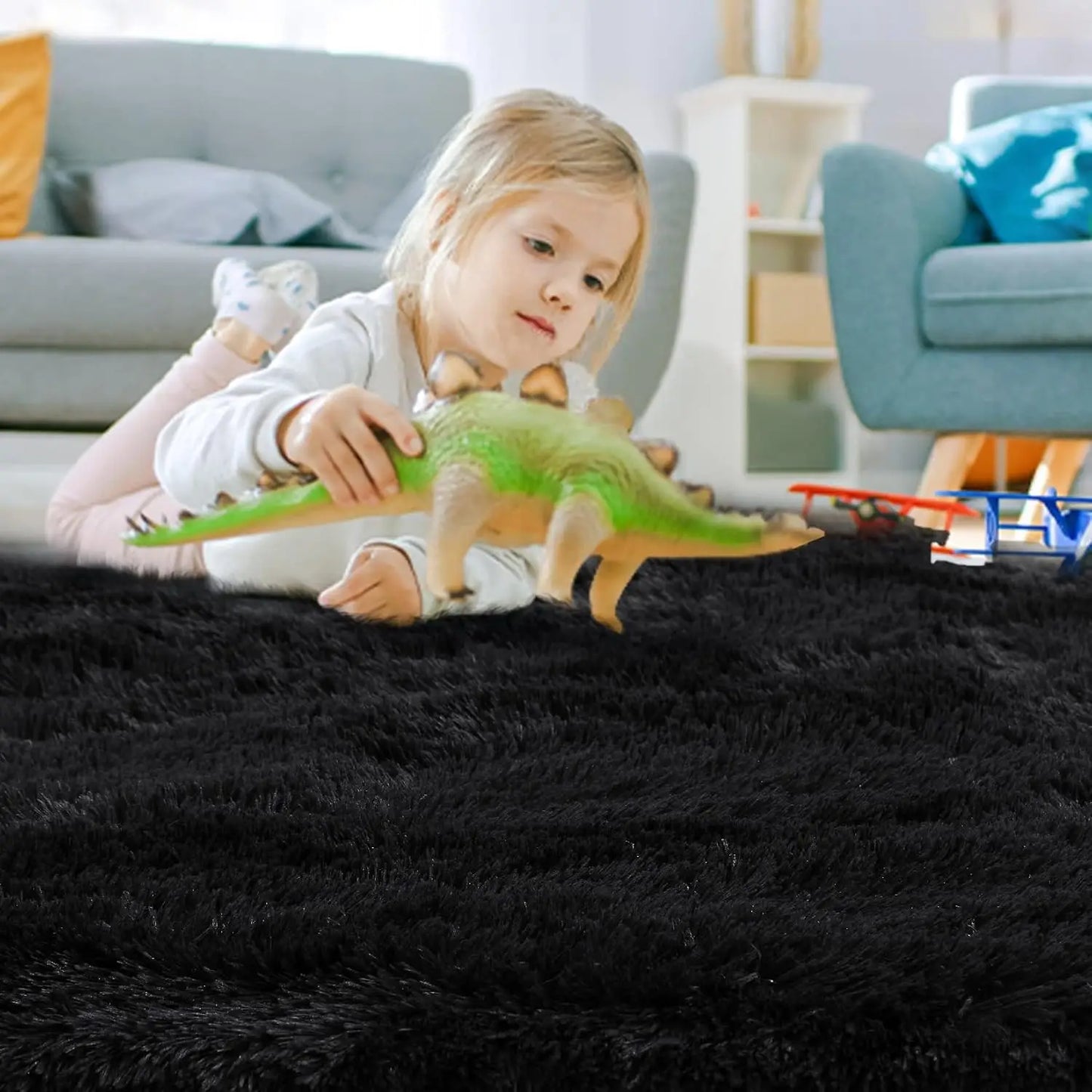 Runder Teppich Schwarz 100cm Flauschig – Weicher Hochflor Teppich für Wohn- & Kinderzimmer