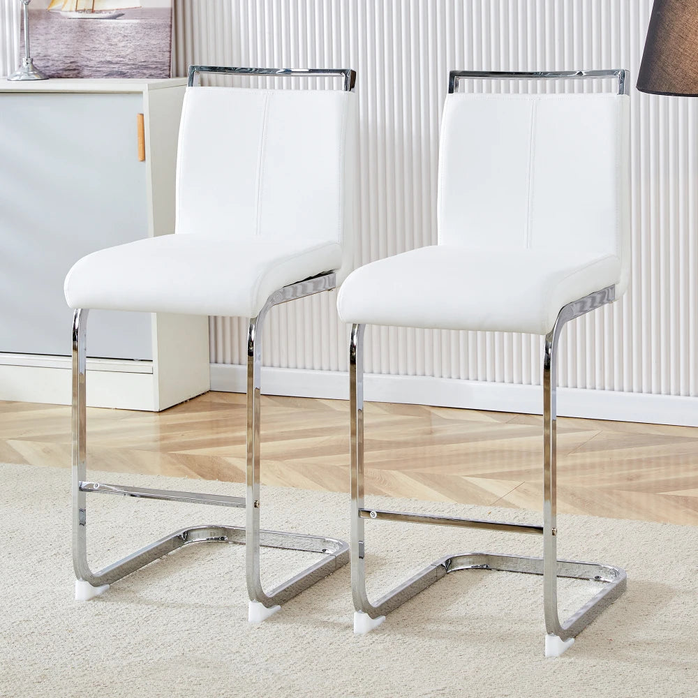 Barhocker 2er Set Silber Weiß – Freischwinger Tresenstühle aus Kunstleder & Metall