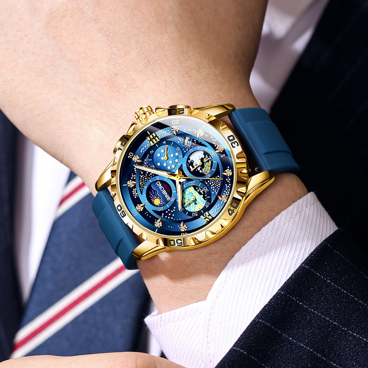 BINBOND Luxus Herrenuhr Blau – Wasserdichte Quarz Armbanduhr mit Chronograph & Datum