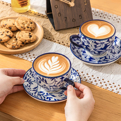 Keramik Tassen Set 4-teilig Blau – Elegante Cappuccinotassen mit Untertassen