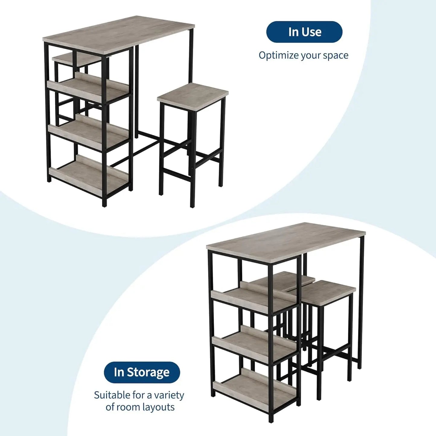 3-Teiliges Bartisch Set mit Regal & Hockern – Platzsparende Essgruppe für kleine Räume