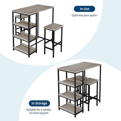 3-Teiliges Bartisch Set mit Regal & Hockern – Platzsparende Essgruppe für kleine Räume