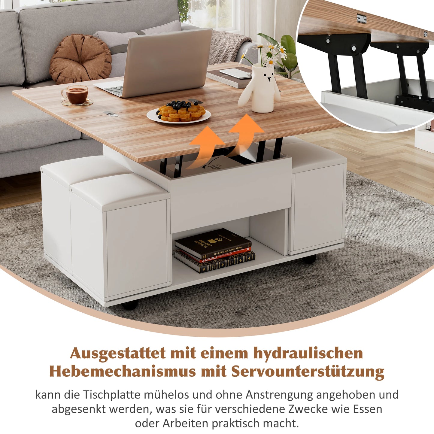 Couchtisch Höhenverstellbar & Ausziehbar – Multifunktionaler Esstisch mit 4 Hockern & Stauraum