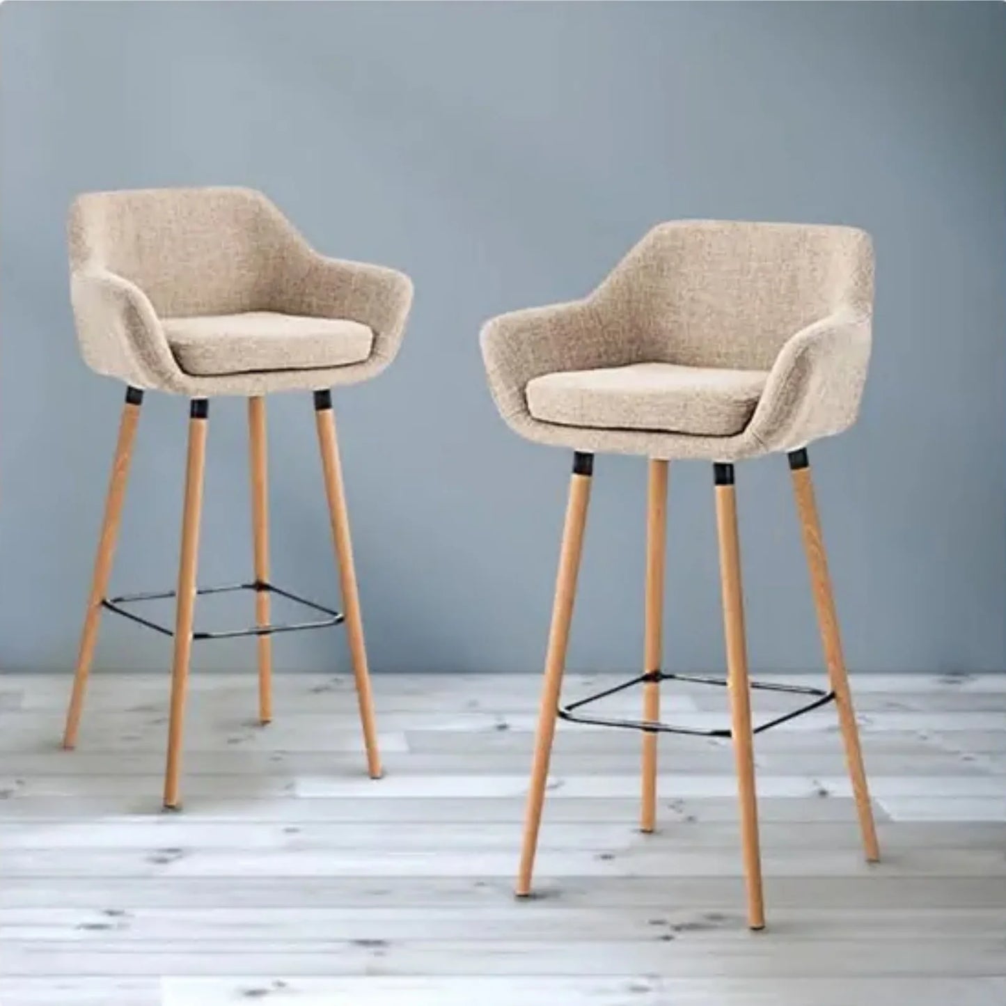 Barhocker Holz Grau – Moderner Tresenstuhl mit Armlehne, Stoffbezug, Kissen & Fussstütze fuer Kueche & Bar