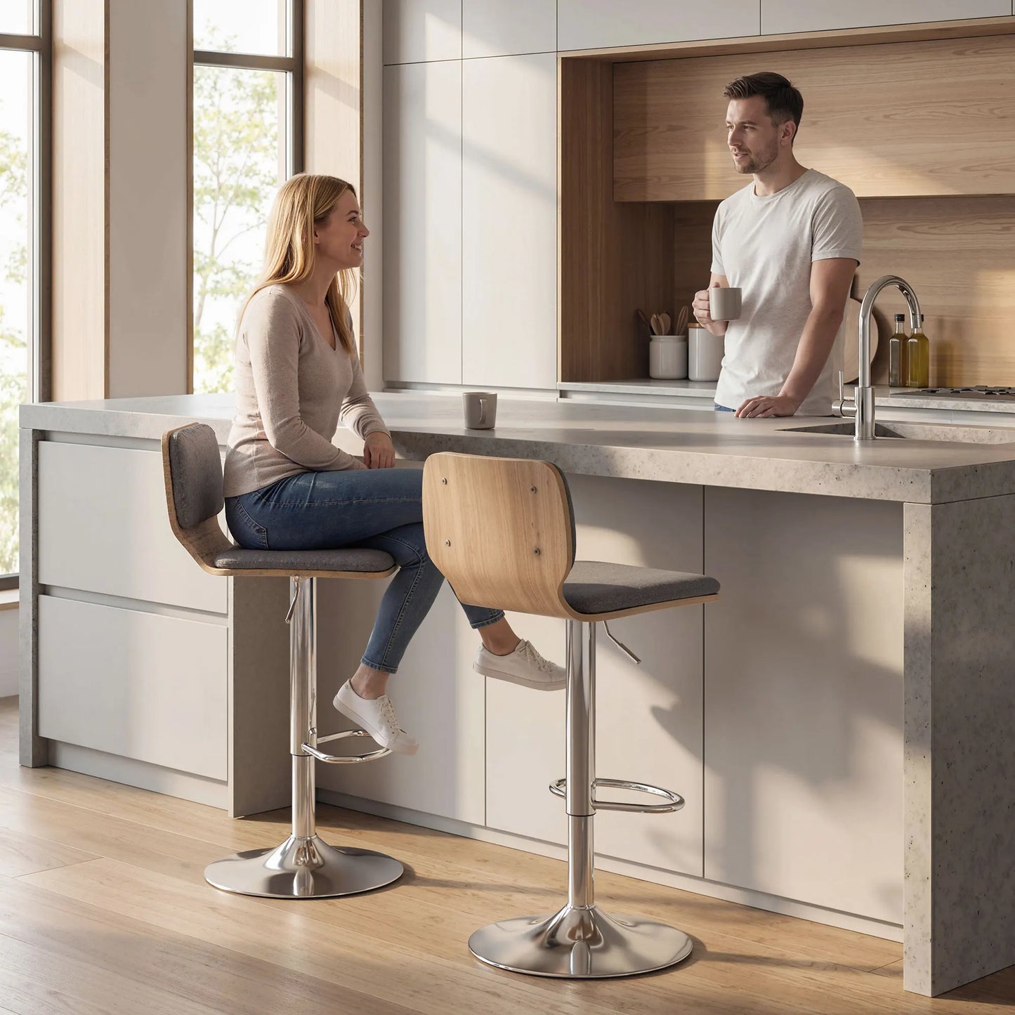 Barhocker 2er Set Grau – Moderne Tresenstuehle Höhenverstellbar mit Stoffbezug & Drehung fuer Kueche & Bar