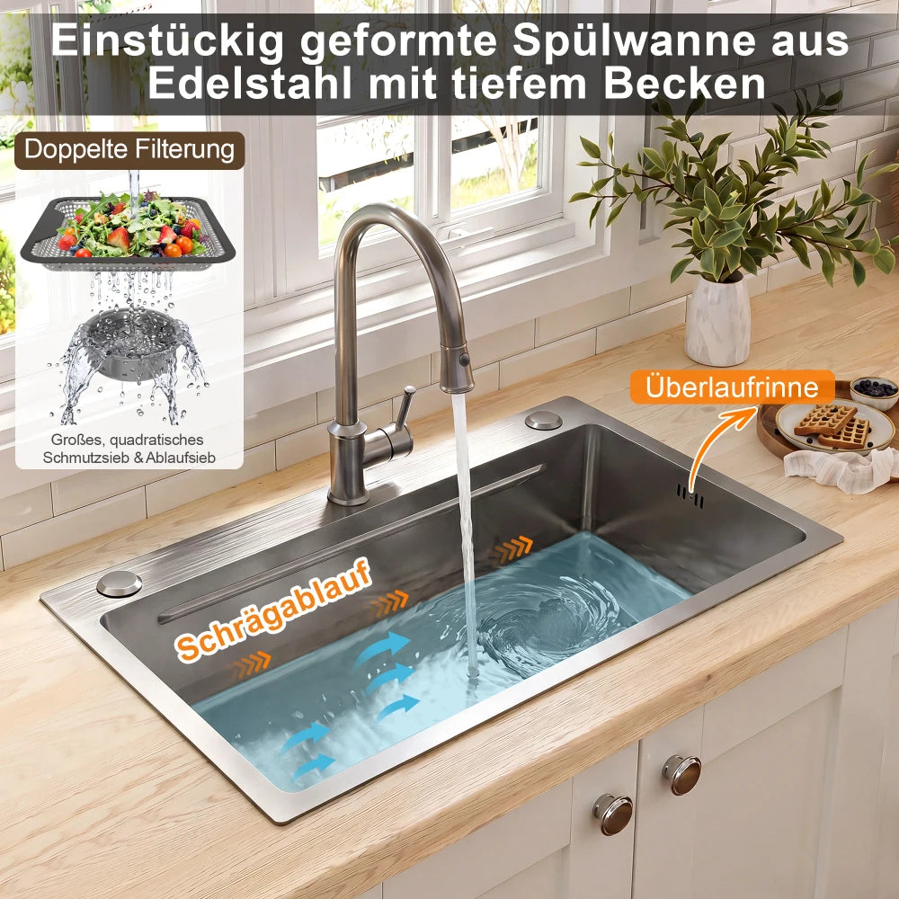 Edelstahl Spülbecken 75x45cm Wasserfall mit Schneidebrett – PVD Einbauspüle Einzelbecken
