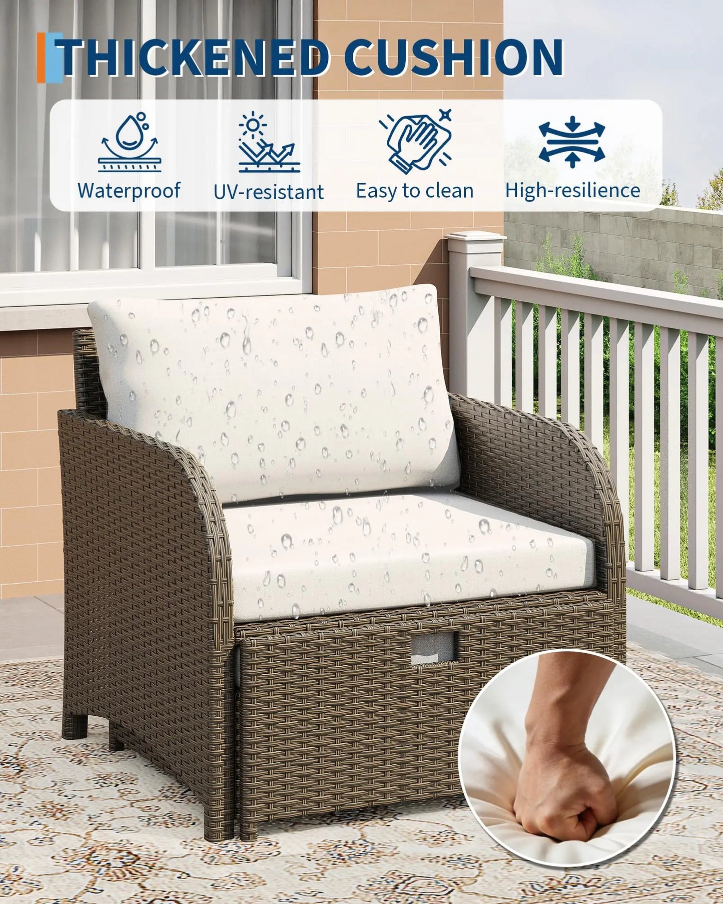 Gartenmoebel Set 5-Teilig Natur – Polyrattan Sitzgruppe mit Hocker, Kissen & Glastisch fuer Balkon, Terrasse & Garten