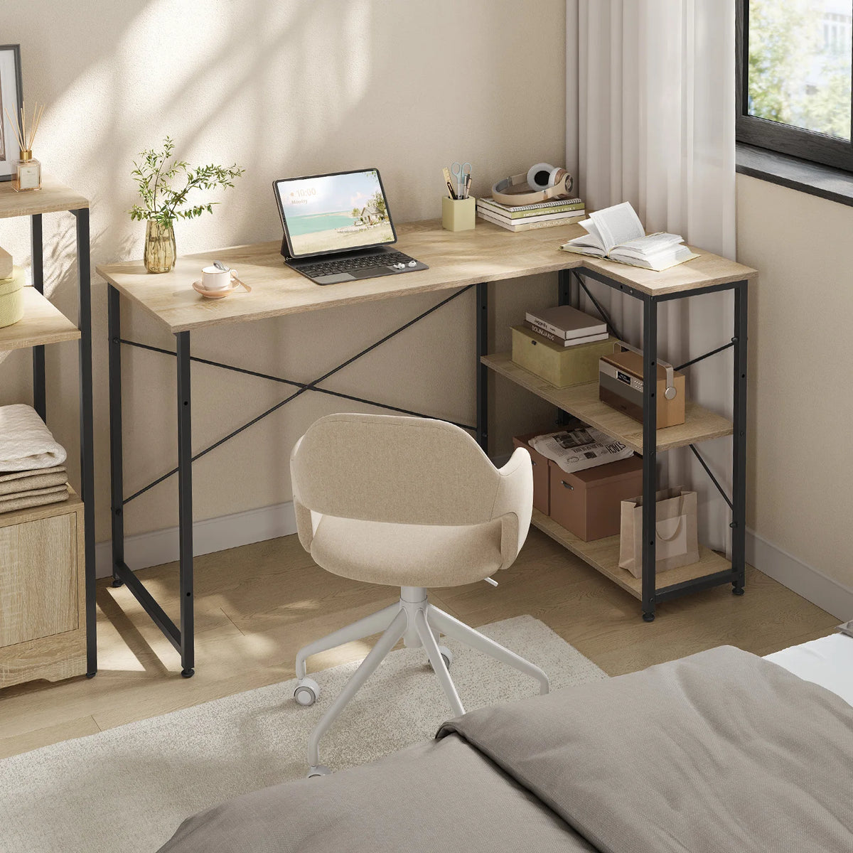 L-förmiger Eckschreibtisch 120 cm Holzoptik – Platzsparender Computertisch mit Regalen