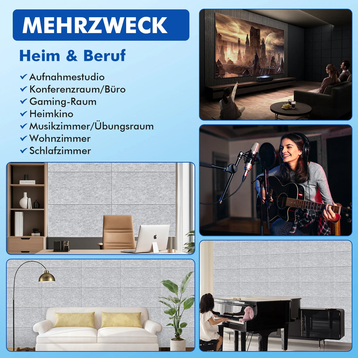 Akustikpaneele 16er Set 60x30cm Selbstklebend – Schalldämmung Wand aus Polyurethan