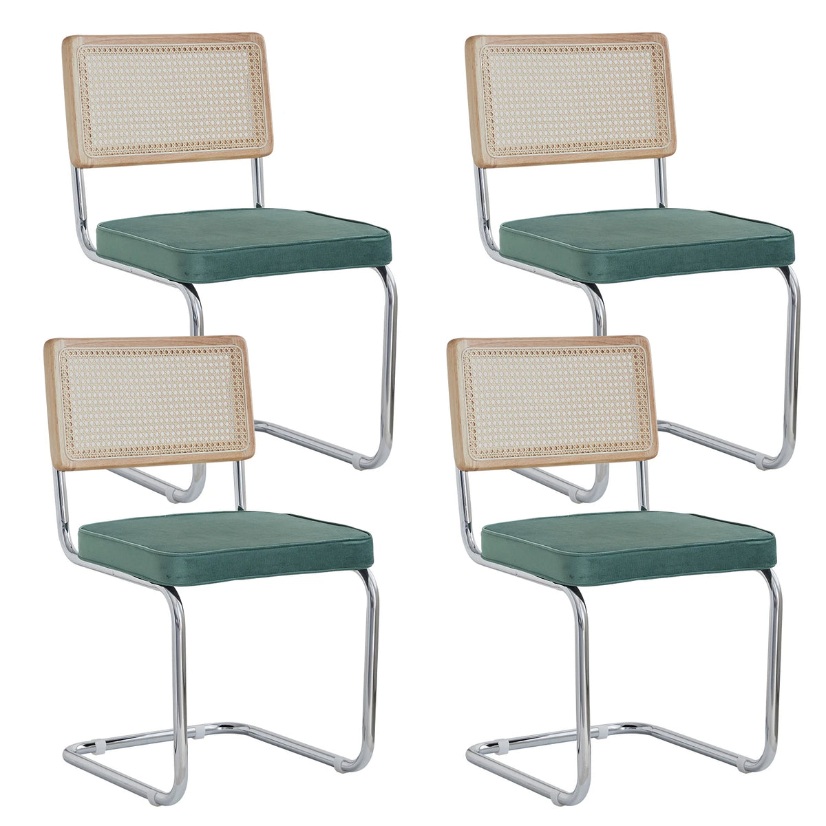 Freischwinger 2er Set Modern – Polsterstuhl Set aus Teddy-Samt & Rattan-Rueckenlehne mit Metallgestell