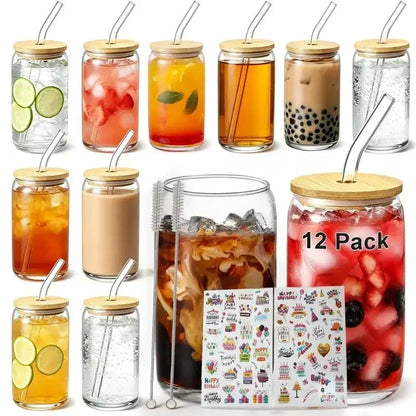 Glasbecher Set mit Strohhalm & Deckel – Trinkgläser für Eiskaffee, Cocktails & Bubble Tea