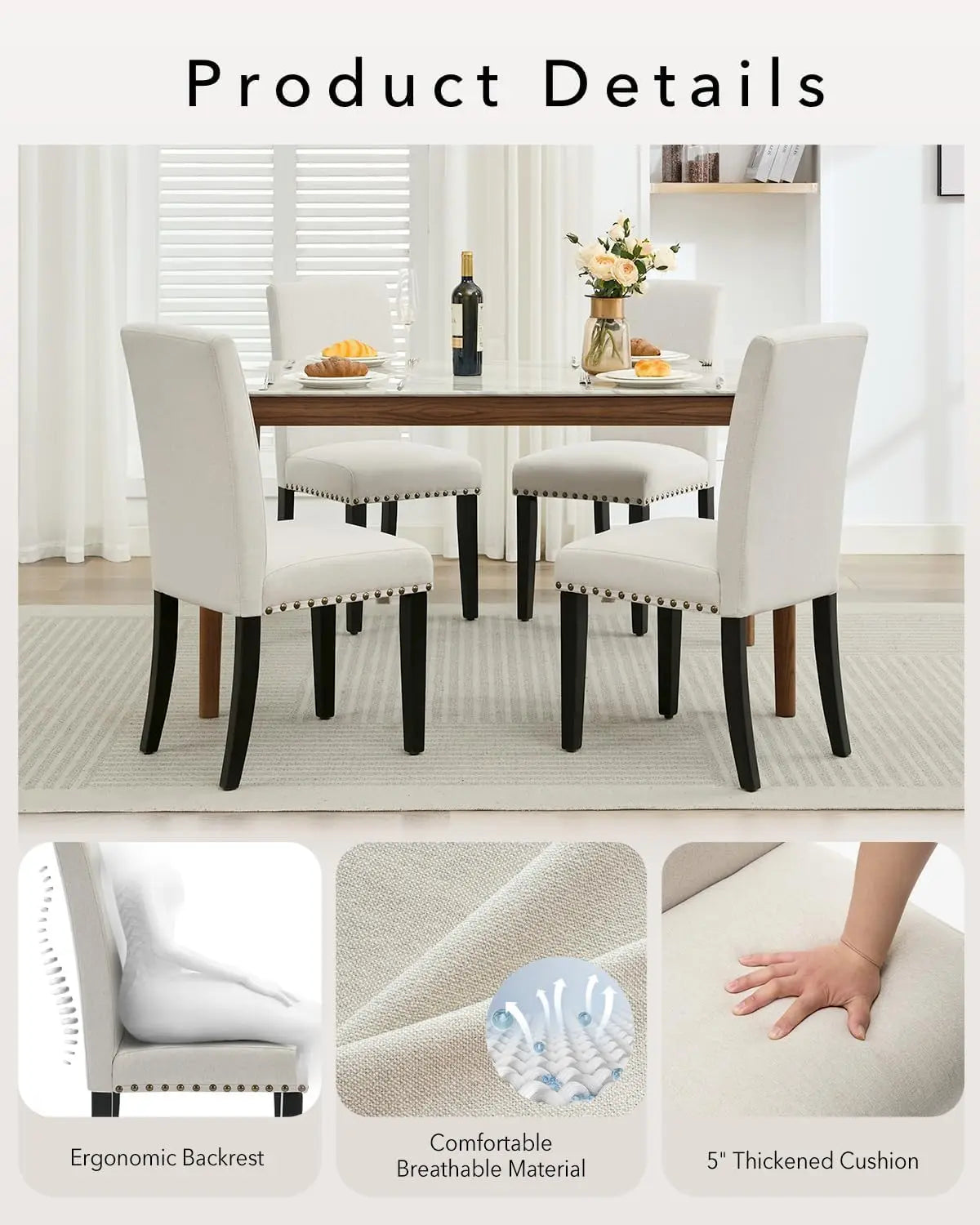 Esszimmerstuhl 2er Set Beige – Modernes Polsterstuhl Set mit Ergonomischer Rueckenlehne & Holzgestell