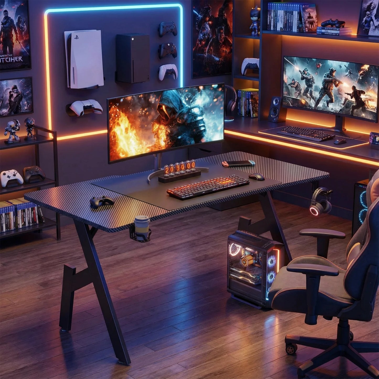 Gaming Schreibtisch Schwarz 120 cm – Ergonomischer PC Tisch mit Carbon-Optik & Haken