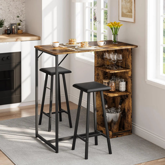 Bartisch Set 3-teilig mit 2 Barhockern Schwarz – Kompakter Stehtisch mit Regalfächern für Küche