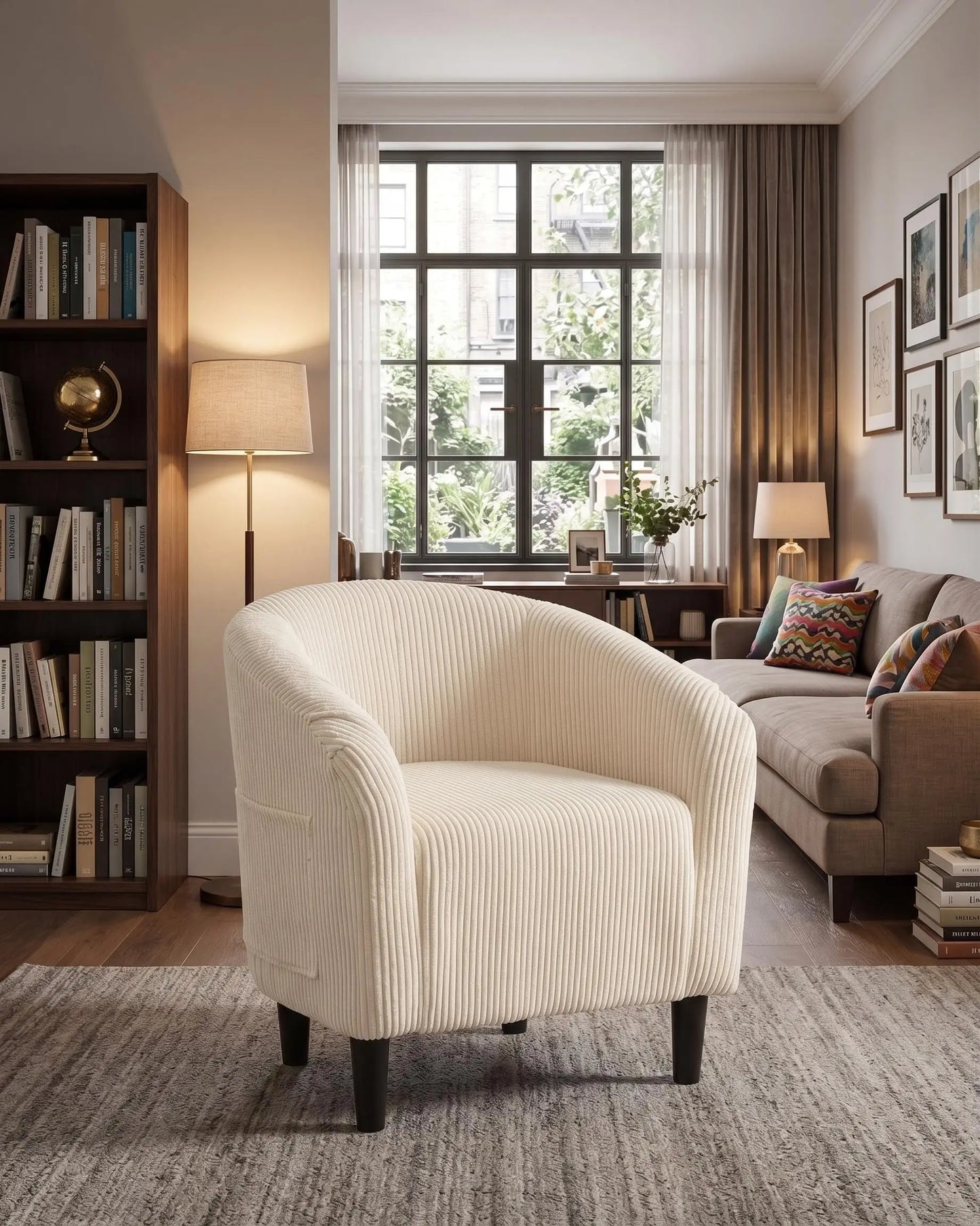 Polstersessel Cream – Moderner Samt Loungesessel mit Armlehnen & Rattan-Untergestell fuer Wohnzimmer & Schlafzimmer