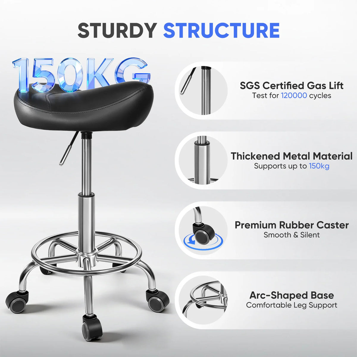 Ergonomischer Rollhocker Höhenverstellbar – Drehbarer Arbeitshocker Kunstleder für Praxis & Homeoffice