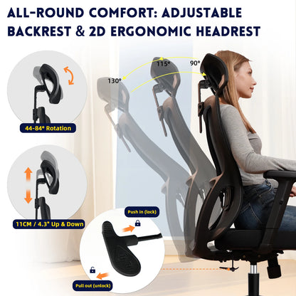 Buerostuhl Ergonomisch Schwarz – Netz Drehstuhl mit Verstellbarer Lendenstuetze & Kopfstuetze bis 150kg