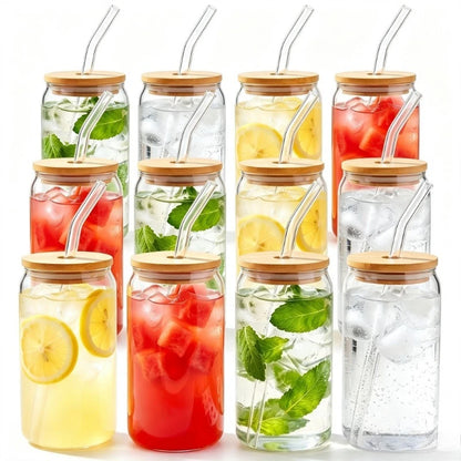 Glasbecher Set mit Strohhalm & Deckel – Trinkgläser für Eiskaffee, Cocktails & Bubble Tea