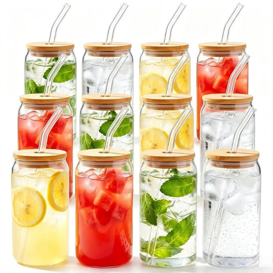 Glasbecher Set mit Strohhalm & Deckel – Trinkgläser für Eiskaffee, Cocktails & Bubble Tea