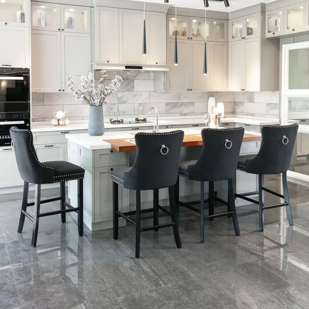 Moderne Samt Barhocker 2er Set mit Nietendekor – Elegante Tresenstühle aus Massivholz